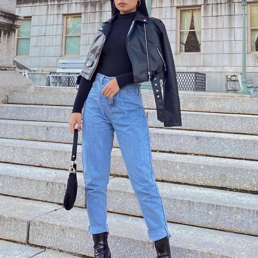 A lightweight faux leather moto jacket in a cropped.